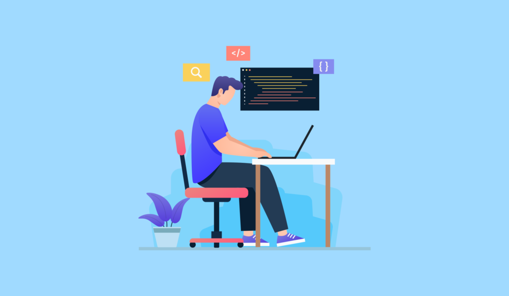 An animated image of someone sitting at a computer with programming code floating above their head