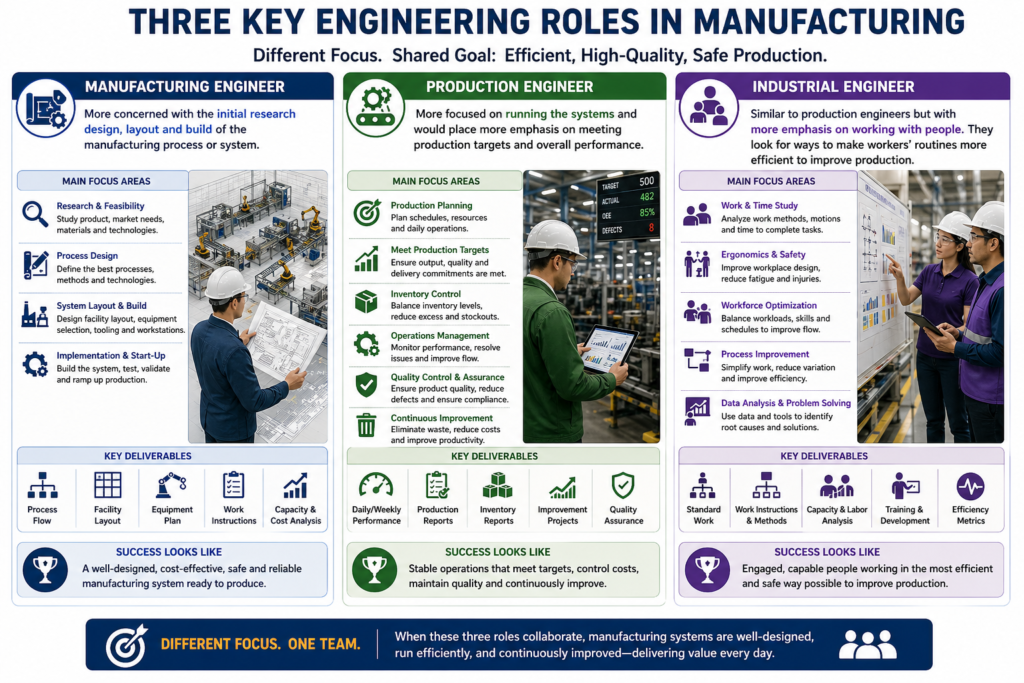 , Three Engineers, One Goal: How Manufacturing, Production, and Industrial Roles Differ