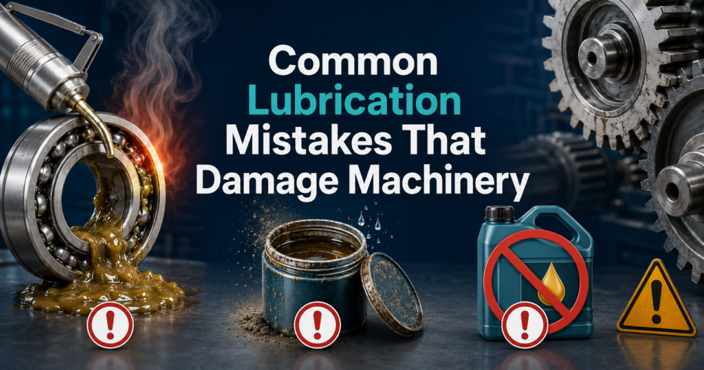 Industrial bearing, gears, excess grease, contaminated lubricant and warning symbols beneath the title “Common Lubrication Mistakes That Damage Machinery