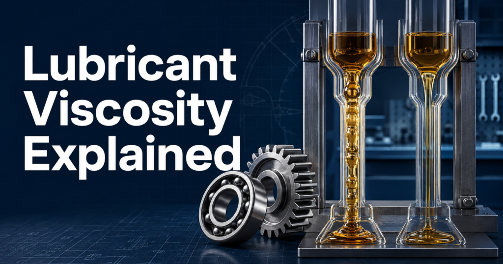 Technical illustration comparing thicker and thinner oil flow through viscosity tubes with a bearing, gear and the title &ldquo;Lubricant Viscosity Explained