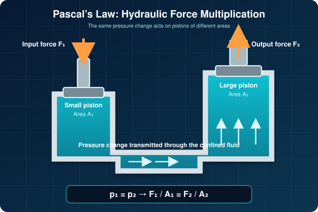 Labelled Pascal&rsquo;s law diagram showing two connected hydraulic pistons with different areas