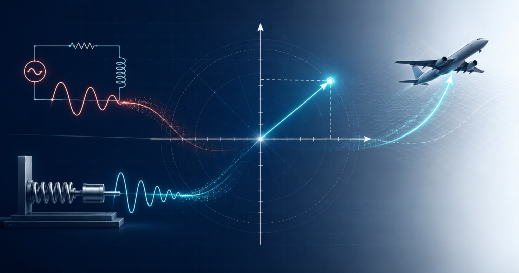 Complex plane connecting electrical circuits, mechanical vibrations and aerospace engineering applications