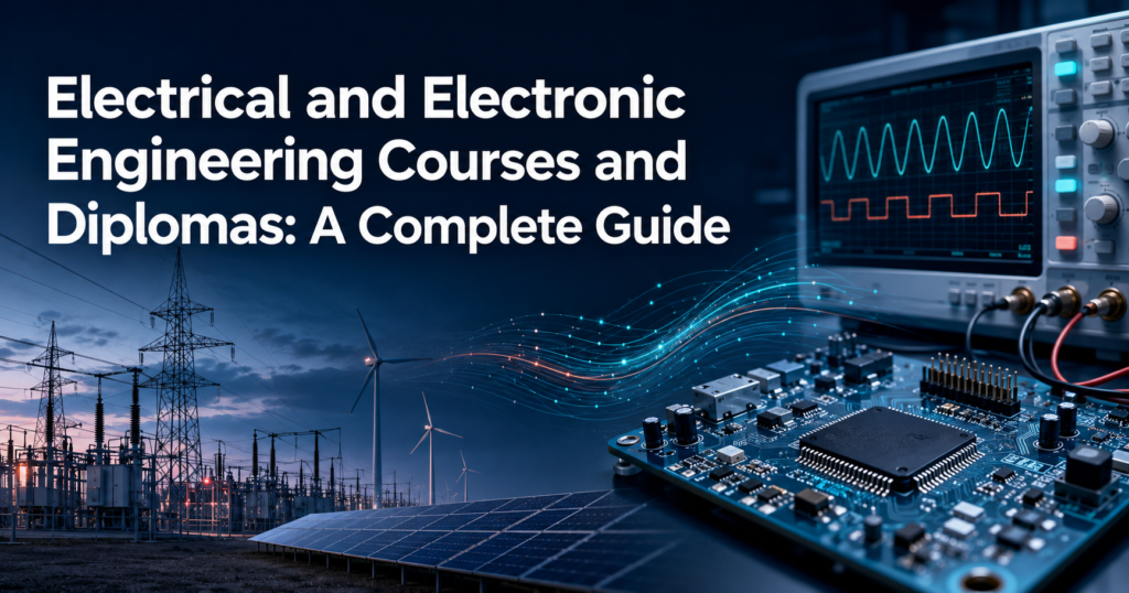 Electrical power systems, renewable energy and electronic circuit technology representing electrical and electronic engineering courses and diplomas