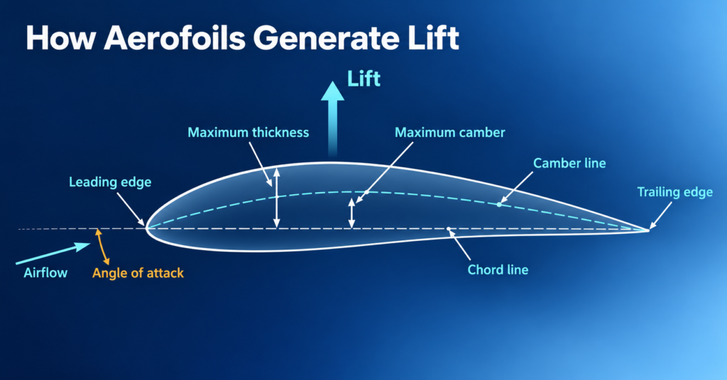 Cambered aerofoil diagram showing chord line, camber line, thickness, angle of attack, airflow and lift.