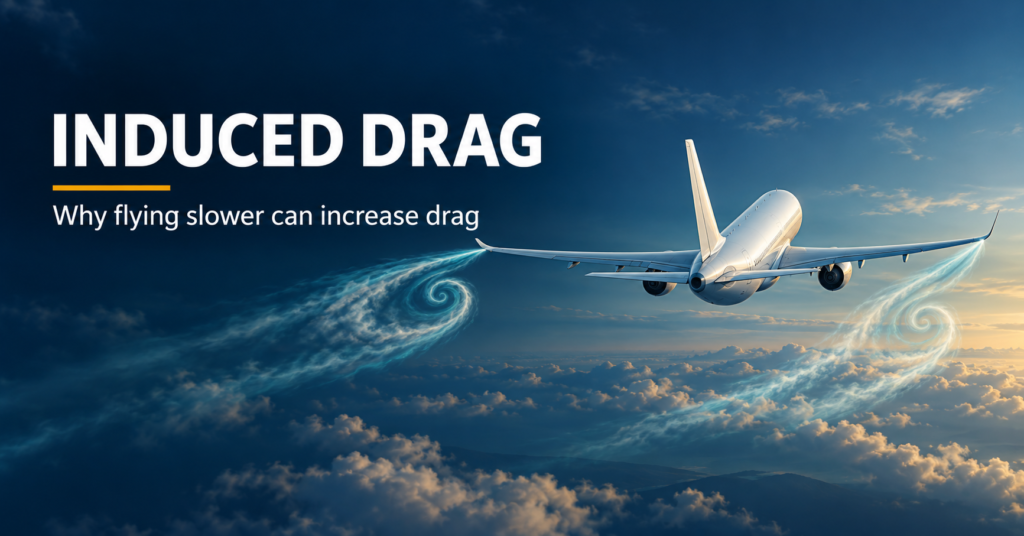 Aircraft viewed from behind with illustrated wingtip vortices, beneath the title &ldquo;Induced Drag&rdquo;.