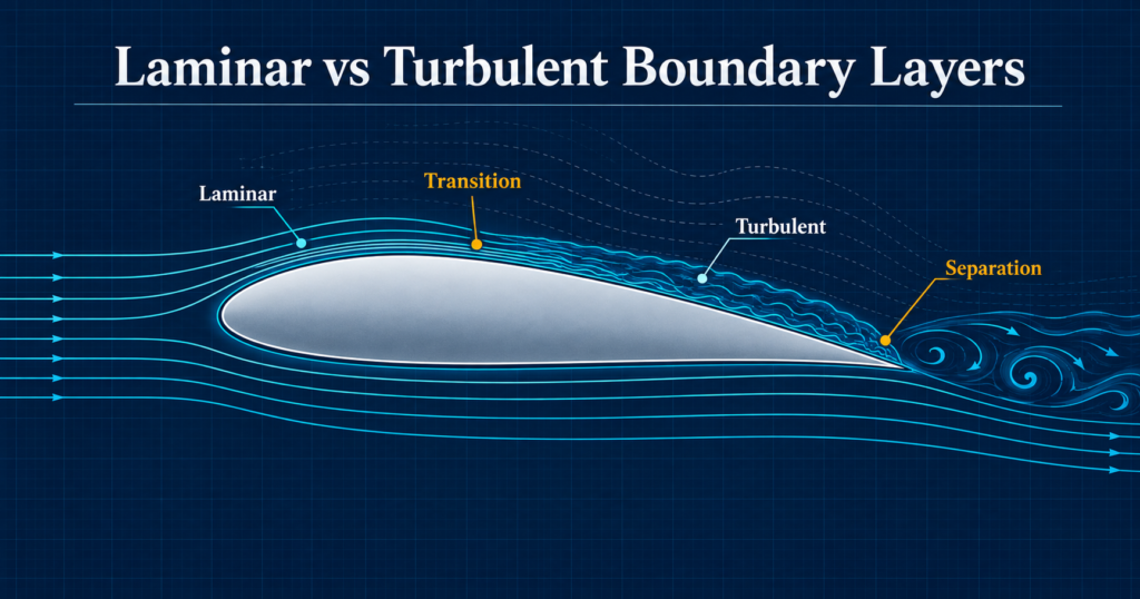 Aerofoil diagram showing laminar flow, transition to a turbulent boundary layer, and airflow separation behind the wing.