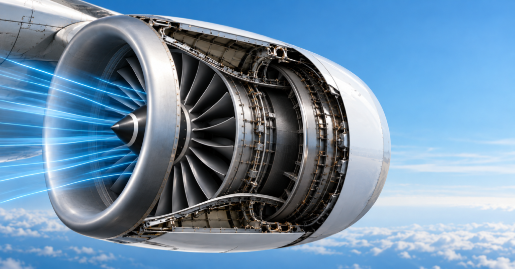 Aircraft gas-turbine engine intake showing airflow slowing through a diffuser before the compressor.
