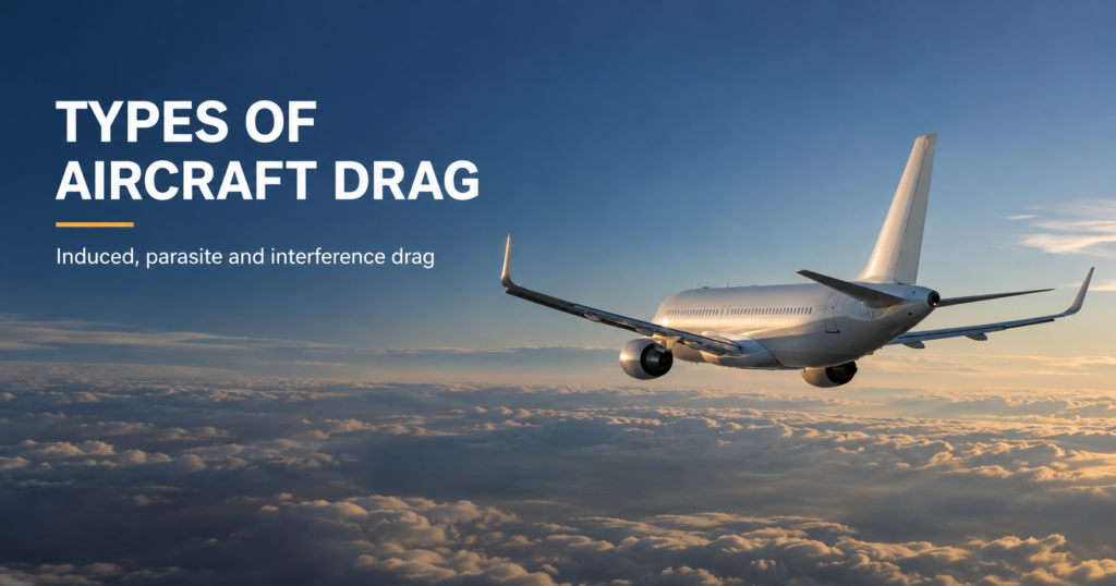 Unbranded passenger aircraft flying above clouds at sunset beneath the title “Types of Aircraft Drag”.