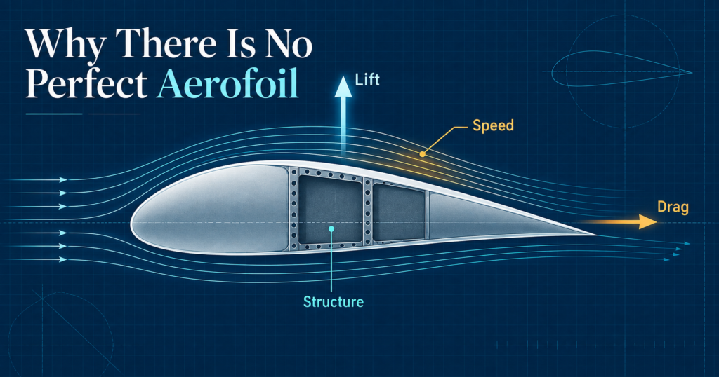 Technical aerofoil cross-section showing airflow, lift, drag, structural wing box and high-speed design trade-offs.