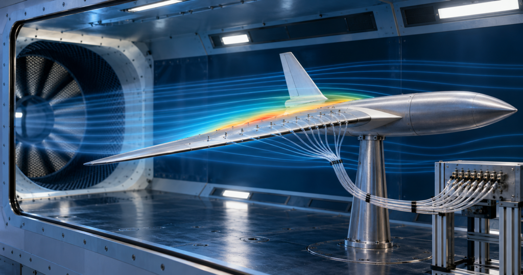 Aerospace wind tunnel test section with an aircraft model, pressure-tap tubing and airflow visualisation.
